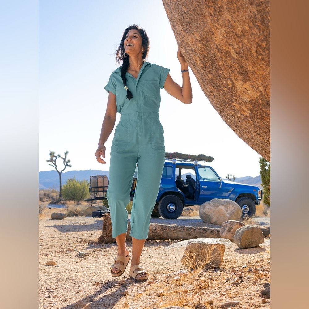 Title Nine Evelyn Short Sleeve Utility Jumpsuit in Patina Green